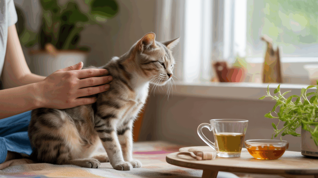 Chat qui tousse dans un salon lumineux, recevant l’attention réconfortante d’un humain, avec quelques remèdes naturels en arrière-plan.