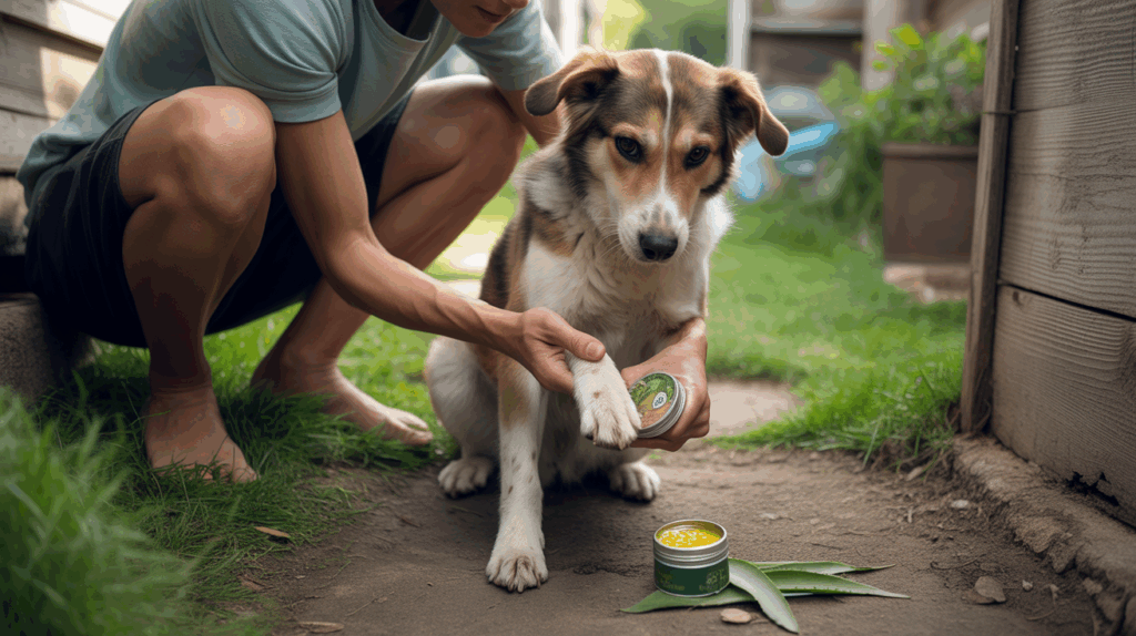 Chien dans un jardin se faisant examiner la patte par son propriétaire avec un baume naturel à proximité.