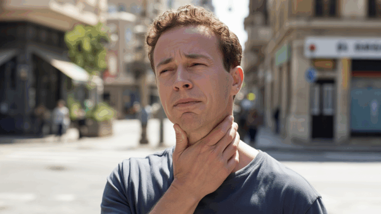 Personne réaliste en ville tenant doucement son cou, exprimant une tension émotionnelle et une difficulté à communiquer dans une scène naturelle et authentique.
