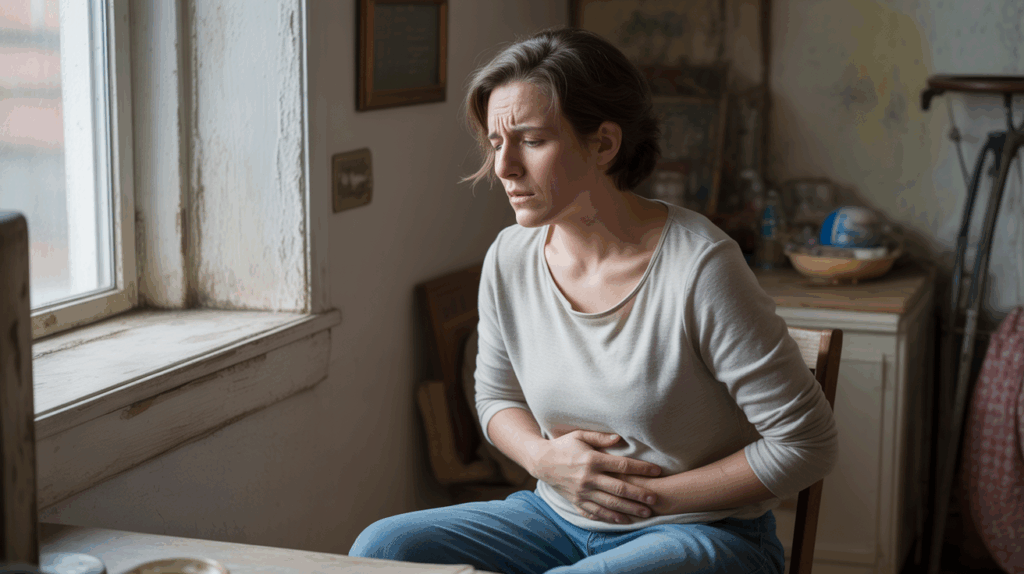 Personne assise dans une pièce naturelle, tenant son estomac avec une expression mêlant douleur et émotion, dans une scène réaliste et authentique.