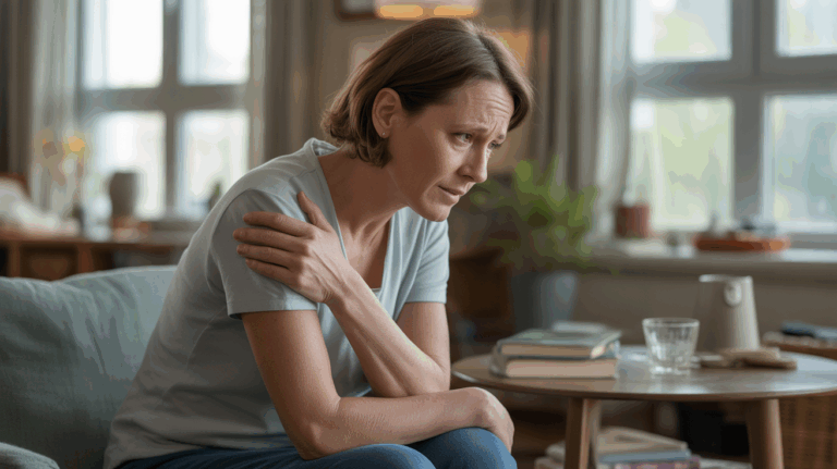 Personne assise dans un salon réel, tenant son épaule gauche avec une expression introspective, montrant un lien subtil entre douleur physique et émotions refoulées.