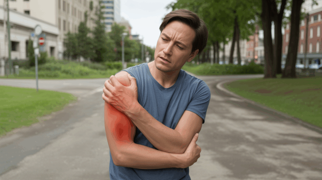 Personne réaliste dans un parc urbain tenant son bras avec une expression de réflexion, symbolisant la difficulté d’agir liée à la douleur au bras.