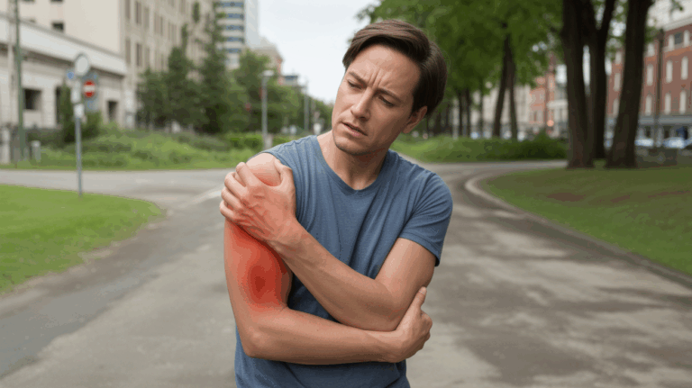 Personne réaliste dans un parc urbain tenant son bras avec une expression de réflexion, symbolisant la difficulté d’agir liée à la douleur au bras.