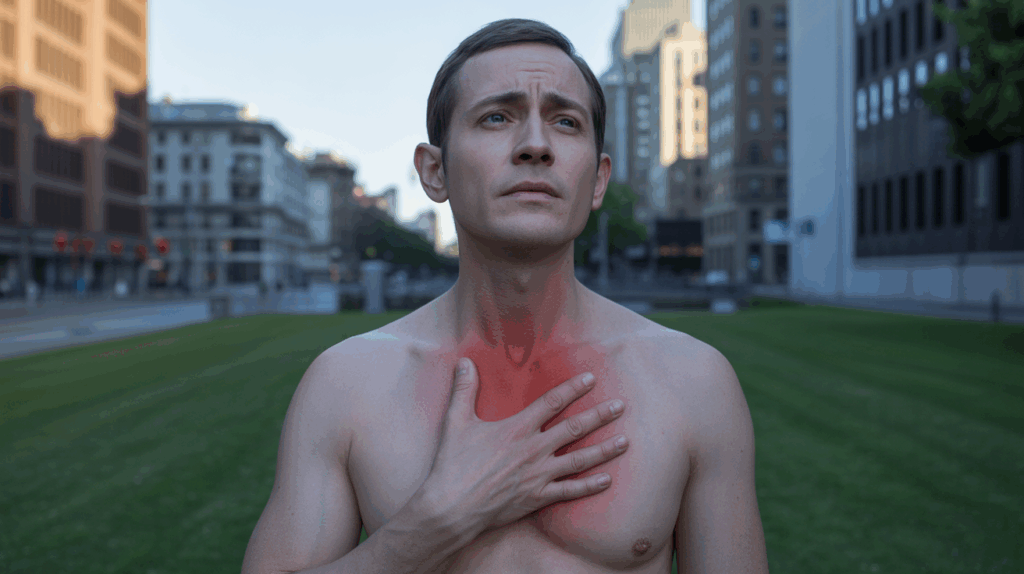 Personne réaliste dans un parc urbain au lever du soleil touchant doucement son sternum dans un moment d’introspection émotionnelle.