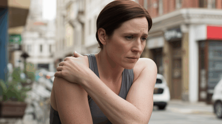 Personne réaliste tenant son épaule droite avec une expression subtile de tension liée aux responsabilités dans un environnement naturel et authentique.