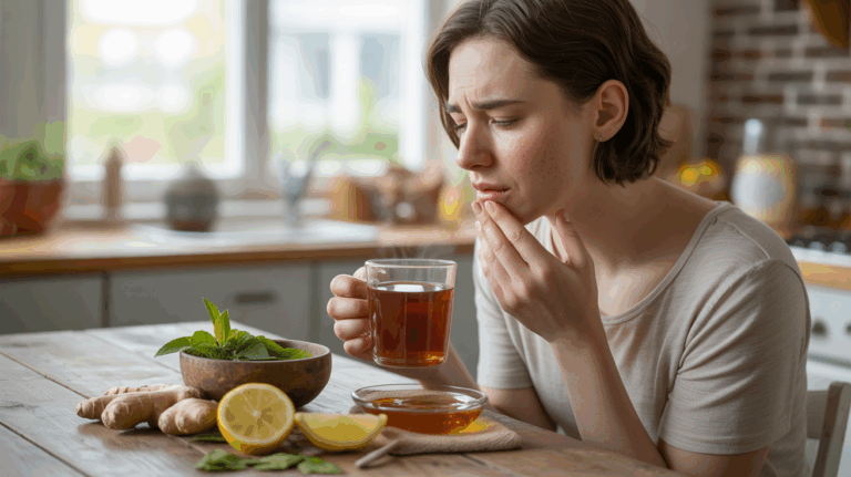 Personne apaisant une gorge irritée avec des remèdes naturels dans une cuisine lumineuse et réaliste.
