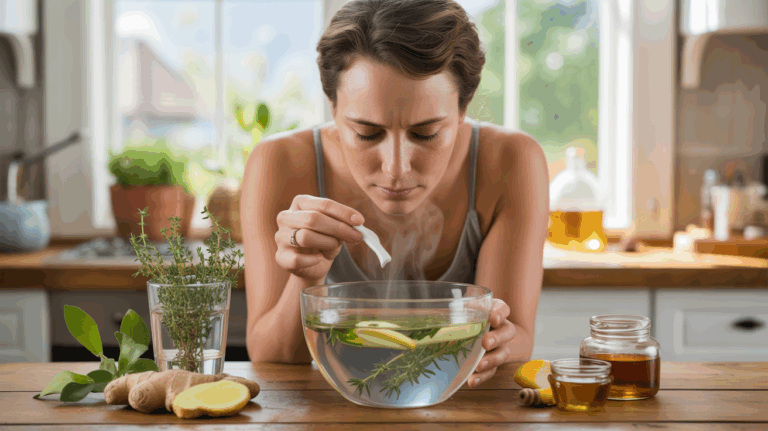 Personne utilisant une inhalation aux plantes dans une cuisine lumineuse avec des remèdes naturels sur le comptoir.