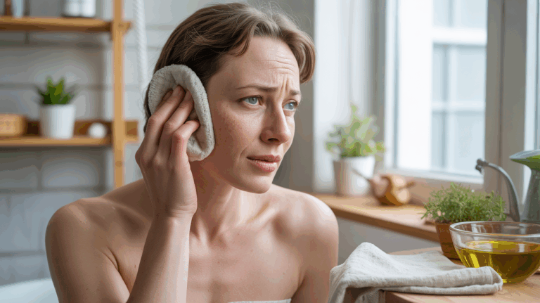 Personne utilisant une compresse chaude près d’une fenêtre dans une salle de bain naturelle pour apaiser une oreille qui gratte, ambiance réaliste et chaleureuse.