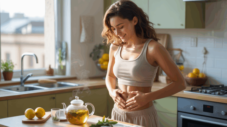 Jeune femme dans une cuisine lumineuse préparant une infusion apaisante et semblant soulagée après un ballonnement, dans une scène réaliste et naturelle.