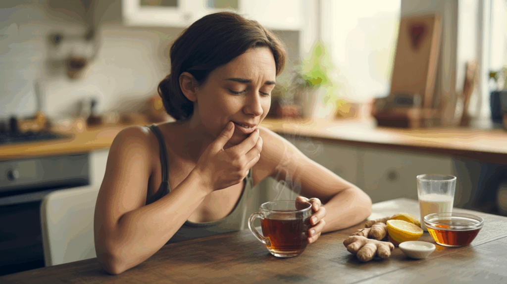 Personne buvant une tisane chaude avec des remèdes naturels comme du gingembre, du citron et du miel pour apaiser une gêne dans la gorge.