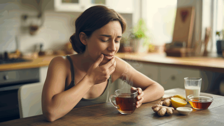 Personne buvant une tisane chaude avec des remèdes naturels comme du gingembre, du citron et du miel pour apaiser une gêne dans la gorge.