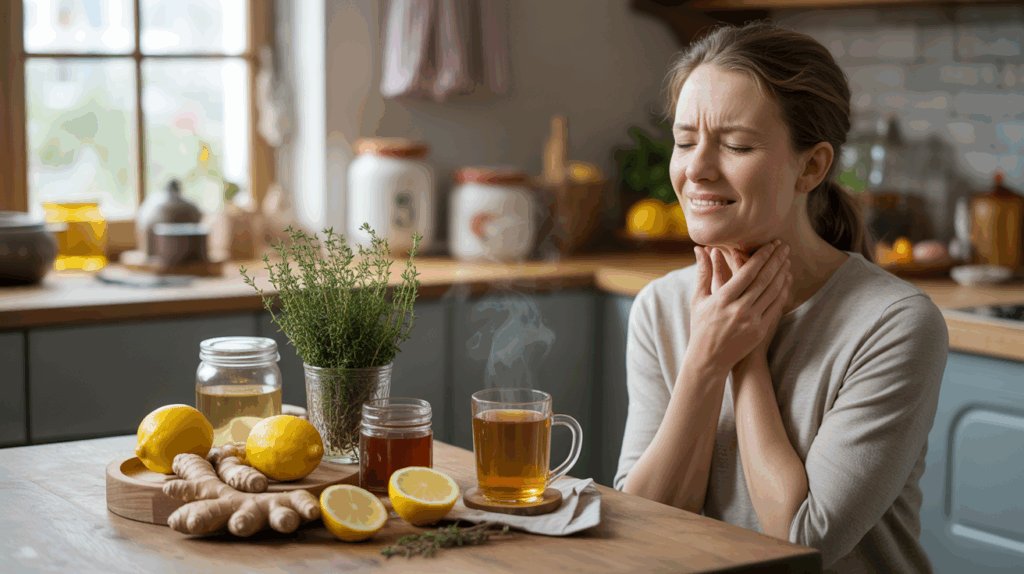 Scène réaliste dans une cuisine avec des remèdes naturels contre l’angine, incluant citron, miel, gingembre et infusion chaude.