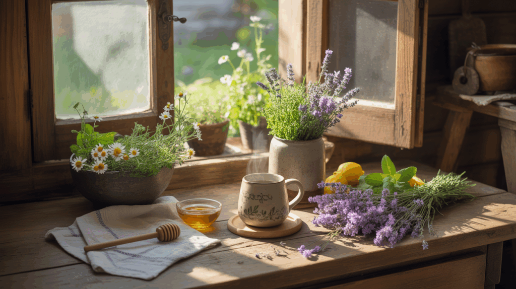 Scène réaliste dans une cuisine de campagne avec des herbes apaisantes, une tisane chaude et une lumière naturelle.