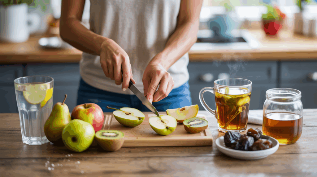 Personne dans une cuisine lumineuse préparant des remèdes naturels contre la constipation, avec fruits frais, tisane et eau citronnée.