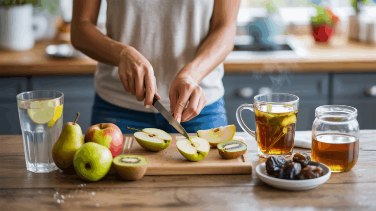 Personne dans une cuisine lumineuse préparant des remèdes naturels contre la constipation, avec fruits frais, tisane et eau citronnée.