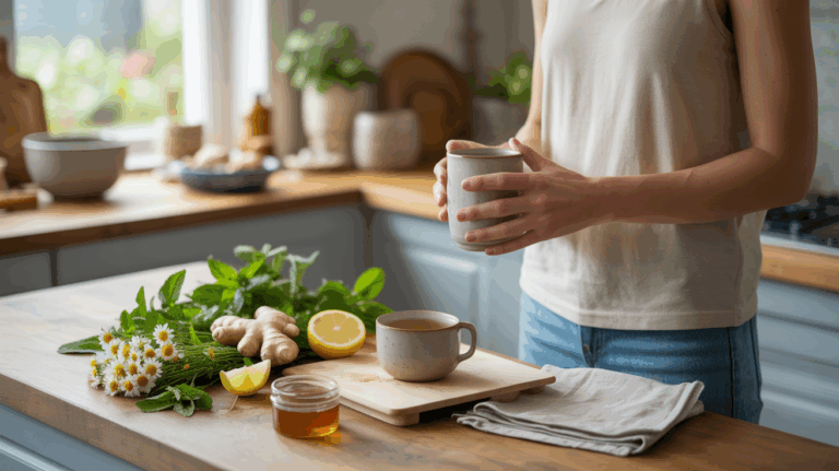 Scène réaliste montrant une personne préparant une infusion à base d’ingrédients naturels pour apaiser la digestion dans une cuisine lumineuse et authentique.