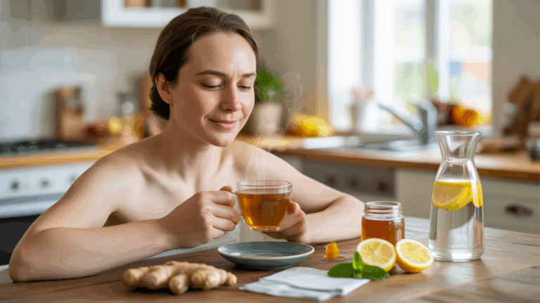 Personne assise dans une cuisine ensoleillée, tenant une tasse de tisane avec gingembre, citron et miel sur la table, illustrant des remèdes naturels pour apaiser la digestion.