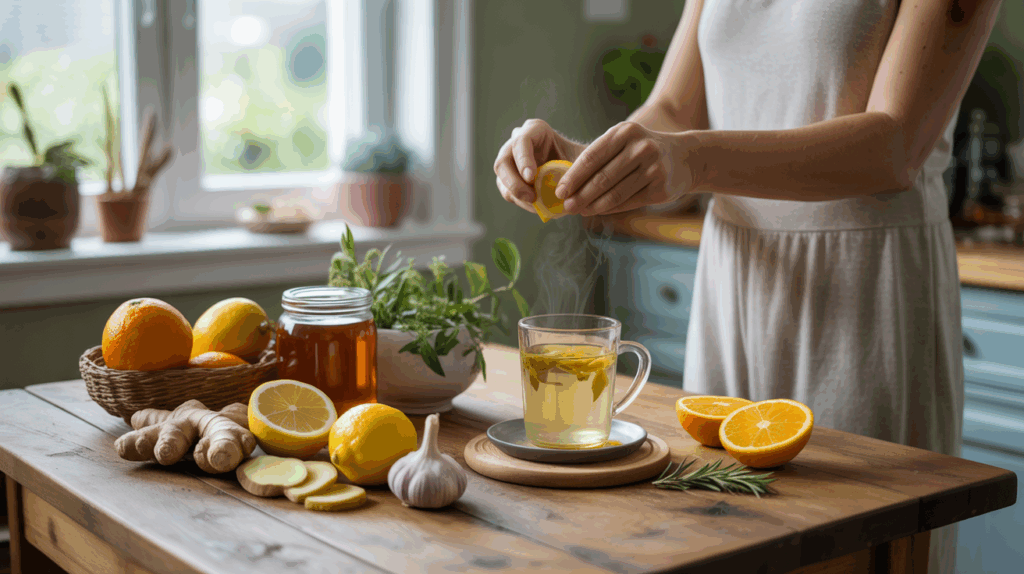 Scène réaliste d’une cuisine chaleureuse avec des remèdes naturels contre la grippe, comprenant citron, gingembre, miel et infusion en préparation sur une table en bois.