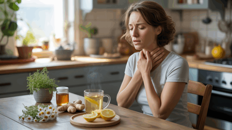Personne dans une cuisine lumineuse préparant des remèdes naturels contre le mal de gorge, avec thé au citron, miel et gingembre sur une table en bois.