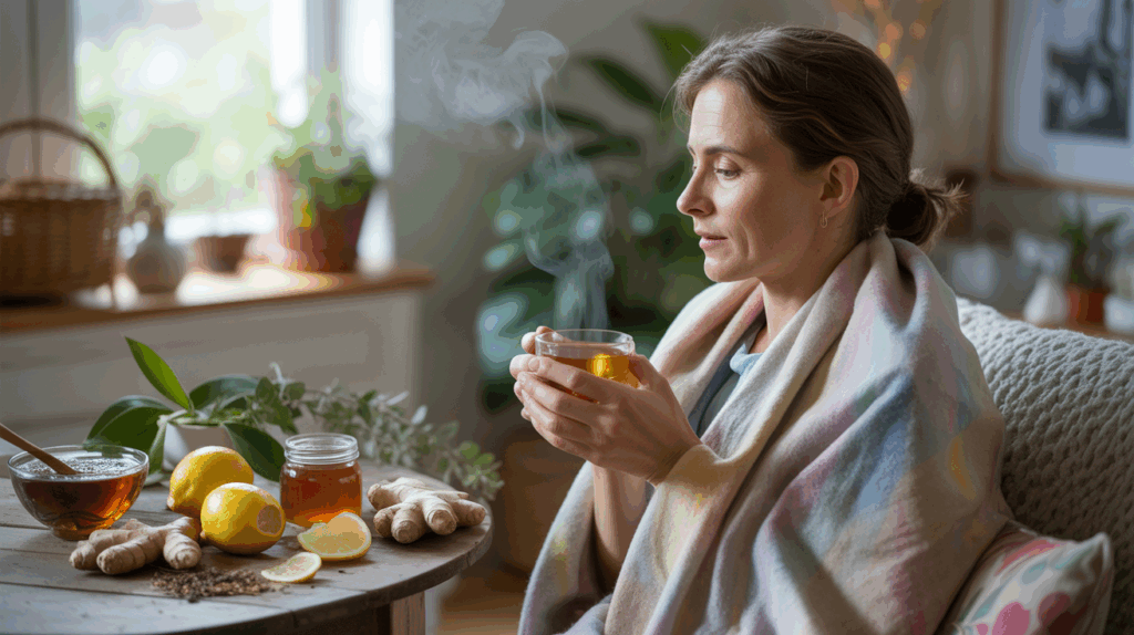 Scène réaliste d’une personne se réconfortant avec des remèdes naturels contre le rhume, entourée de citron, gingembre, miel et tisane dans un intérieur chaleureux.