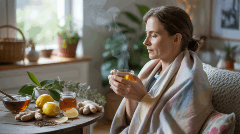 Scène réaliste d’une personne se réconfortant avec des remèdes naturels contre le rhume, entourée de citron, gingembre, miel et tisane dans un intérieur chaleureux.