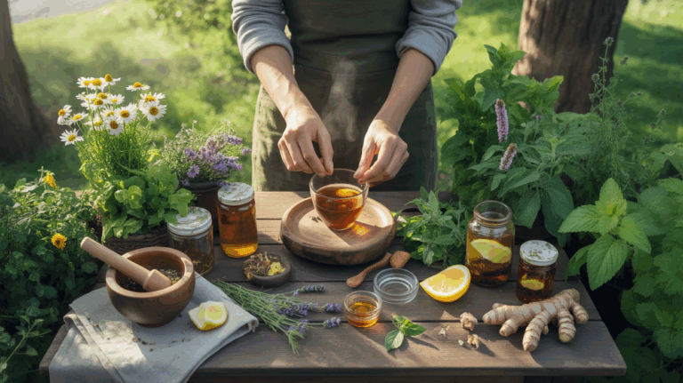 Scène naturelle réaliste montrant des plantes médicinales fraîchement récoltées et une préparation de remèdes naturels en plein air au lever du soleil.