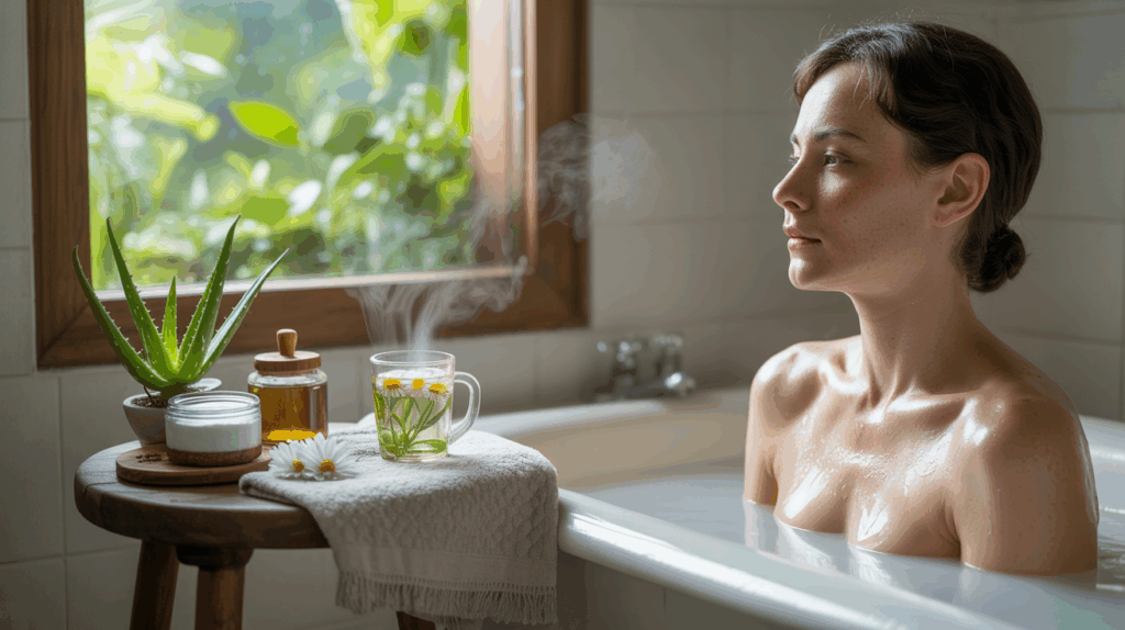 Scène réaliste de salle de bain montrant des remèdes naturels comme l’aloe vera, l’huile de coco et une infusion de camomille dans une ambiance apaisante.