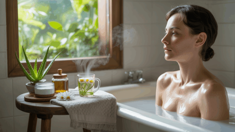 Scène réaliste de salle de bain montrant des remèdes naturels comme l’aloe vera, l’huile de coco et une infusion de camomille dans une ambiance apaisante.
