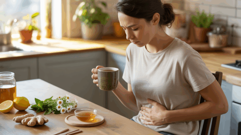 Personne assise dans une cuisine lumineuse et naturelle, tenant une tisane et montrant un léger inconfort au ventre, entourée de remèdes naturels comme gingembre, camomille et citron.