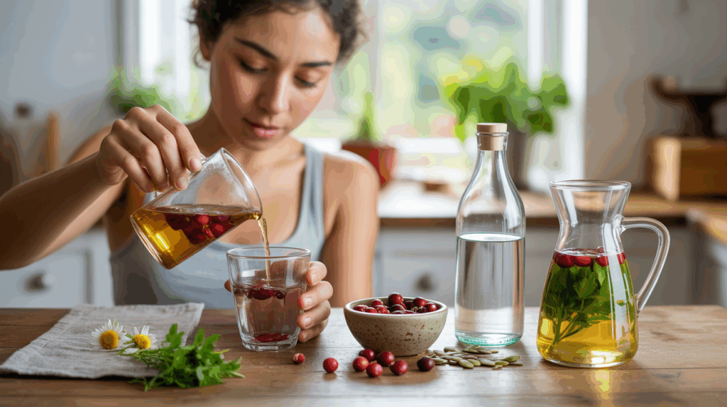 Personne préparant des remèdes naturels contre les infections urinaires dans une cuisine lumineuse et réaliste avec infusion aux plantes et ingrédients frais.