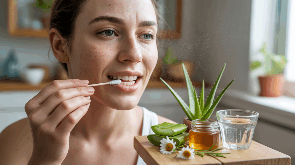 Scène réaliste montrant une personne appliquant un remède naturel sur une aphte, entourée d’aloe vera, de camomille et de miel dans une salle de bain lumineuse et authentique.