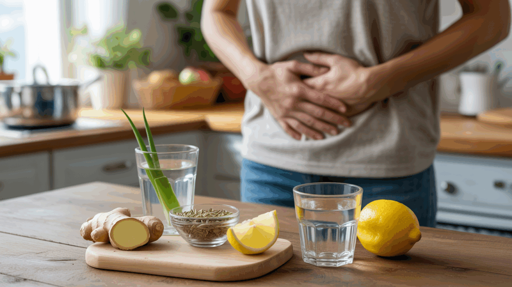Scène réaliste dans une cuisine montrant des remèdes naturels contre les brûlures d’estomac, comme le gingembre, le citron et l’aloe vera, avec une personne en arrière-plan semblant soulagée.