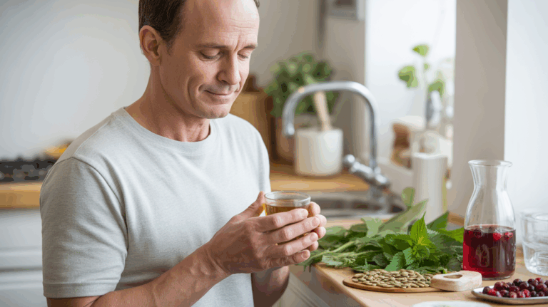 Homme d’âge moyen dans une cuisine lumineuse préparant une infusion à base de plantes pour favoriser le confort urinaire, entouré d’ingrédients naturels dans une scène réaliste.