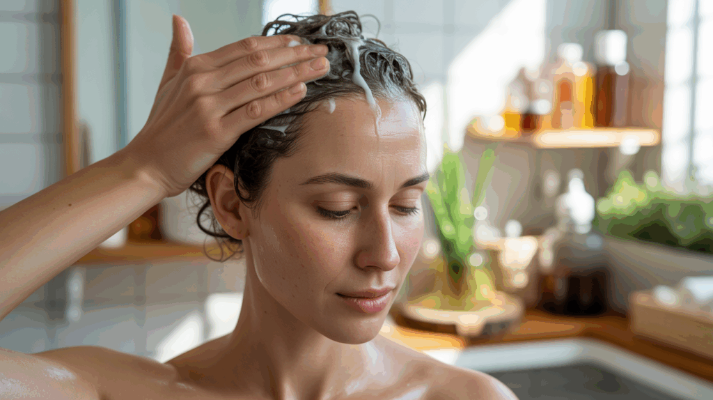 Femme massant délicatement son cuir chevelu avec un soin naturel dans une salle de bain lumineuse et réaliste.