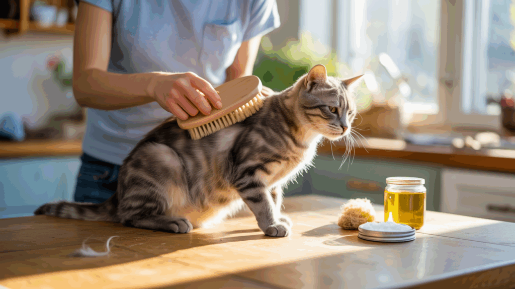 Chat domestique au pelage sain se faisant brosser naturellement dans une cuisine ensoleillée.