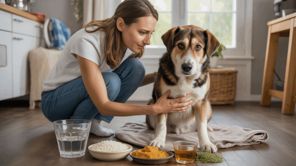 Propriétaire réconfortant son chien souffrant de diarrhée avec des soins naturels à la maison.