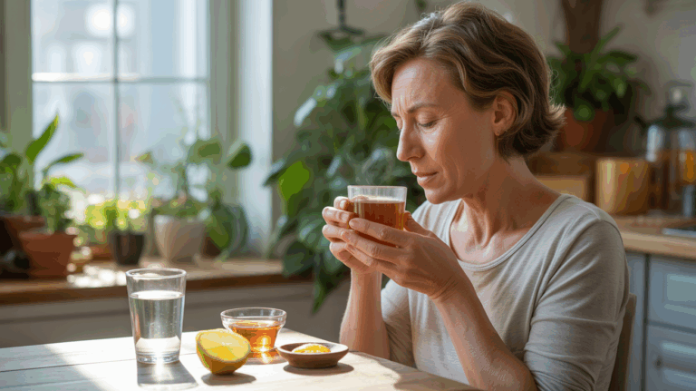 Personne réaliste buvant une tisane chaude près d'une fenêtre ensoleillée, entourée d'eau, de miel et de citron pour apaiser une gorge sèche.
