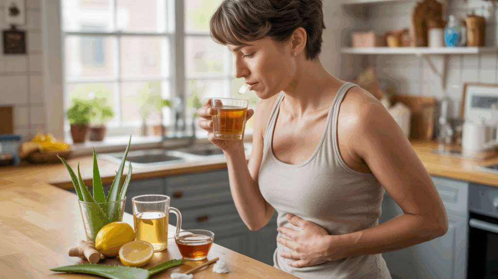Personne dans une cuisine lumineuse buvant une tisane apaisante avec citron, gingembre et aloe vera pour soulager naturellement un reflux gastrique.