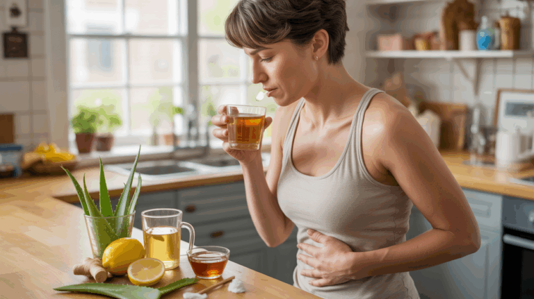 Personne dans une cuisine lumineuse buvant une tisane apaisante avec citron, gingembre et aloe vera pour soulager naturellement un reflux gastrique.