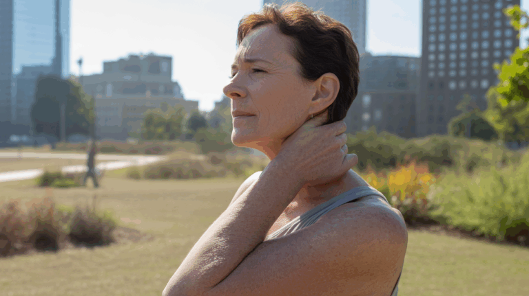 Personne réaliste dans un parc au lever du soleil touchant sa nuque, exprimant une tension cervicale liée à une rigidité émotionnelle.
