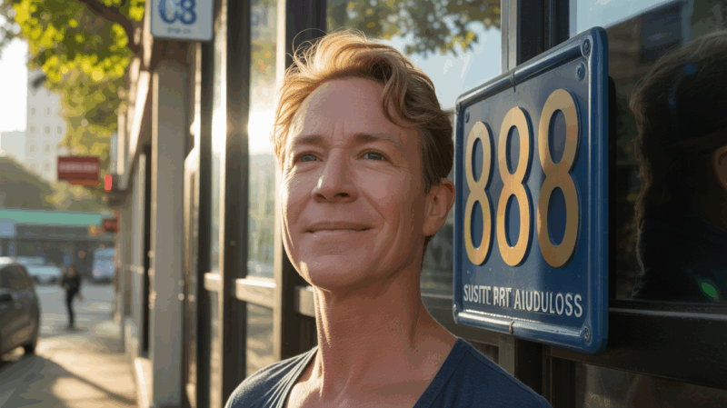 Scène urbaine réaliste au coucher du soleil où le nombre 888 apparaît naturellement dans le décor, évoquant l’abondance financière et l’harmonie.