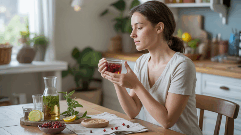 Femme détendue à une table en bois, tenant une tisane aux plantes naturelles avec des canneberges et des herbes, dans une cuisine lumineuse et authentique.