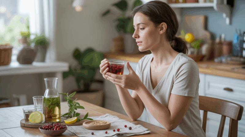 Femme détendue à une table en bois, tenant une tisane aux plantes naturelles avec des canneberges et des herbes, dans une cuisine lumineuse et authentique.
