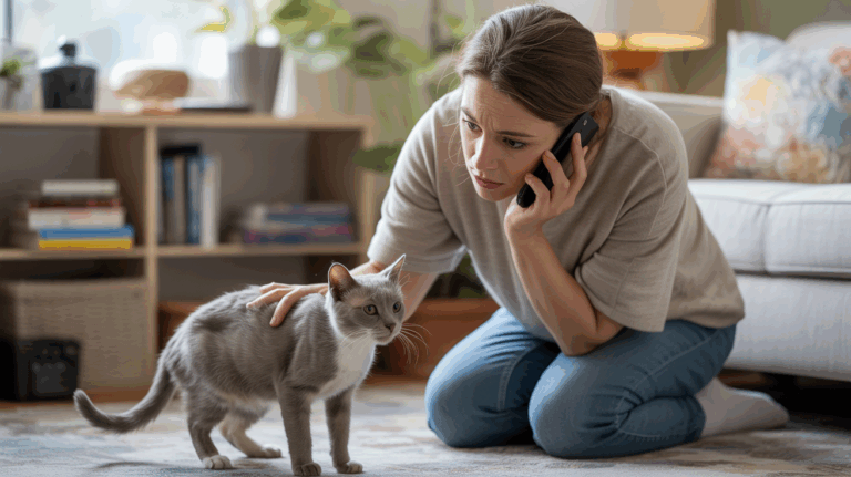 Propriétaire observant attentivement son chat léthargique dans un salon réaliste, montrant des signes subtils de maladie.