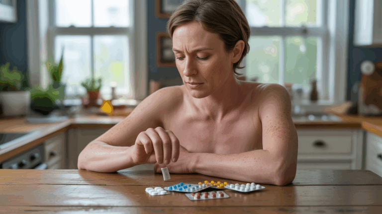 Personne examinant des comprimés contre la douleur musculaire sur une table en bois dans une scène domestique réaliste et naturelle.