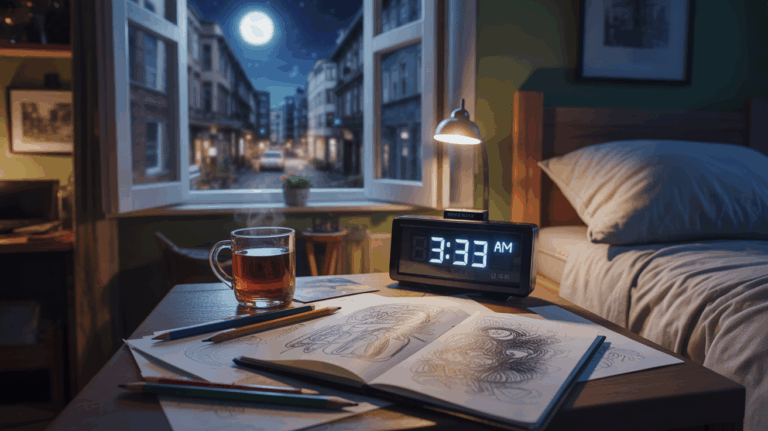 Scène nocturne réaliste montrant un appartement d’artiste éclairé par une horloge affichant 3h33, évoquant créativité et message spirituel.