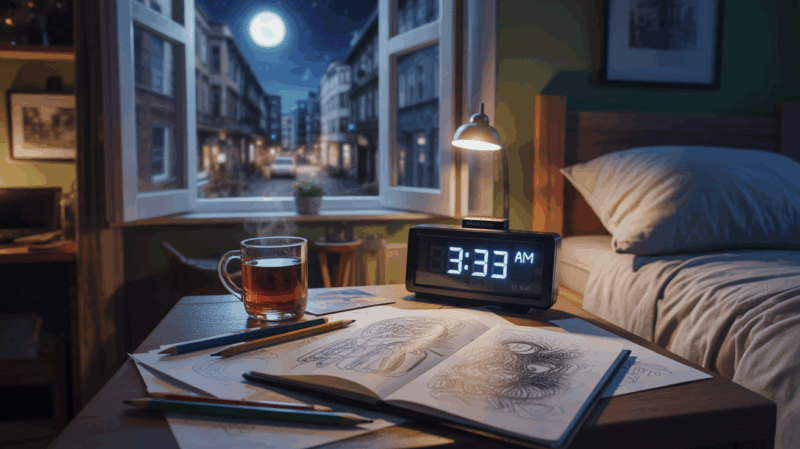 Scène nocturne réaliste montrant un appartement d’artiste éclairé par une horloge affichant 3h33, évoquant créativité et message spirituel.