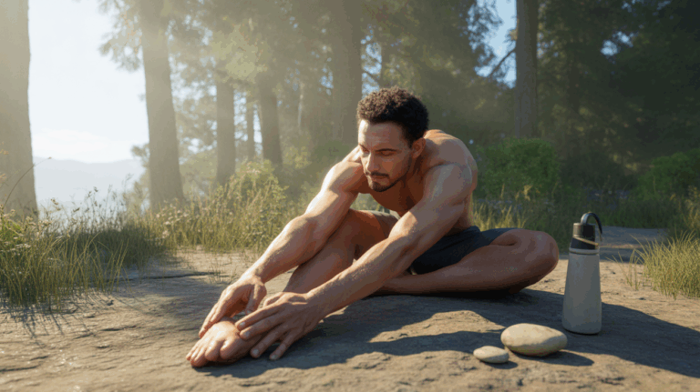 Personne étirant ses muscles dans une forêt au lever du soleil, ambiance naturelle et apaisante.