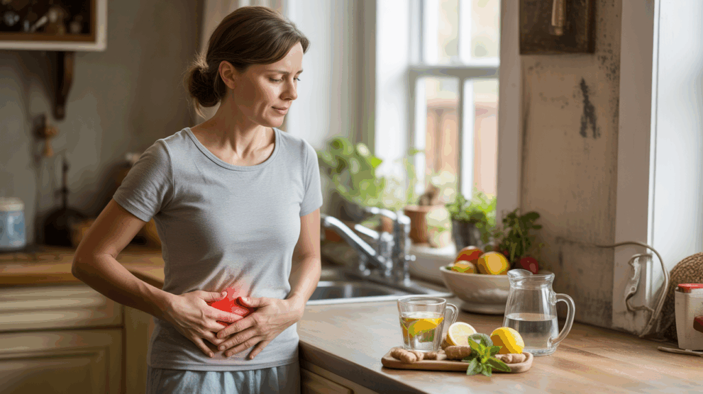 Scène réaliste dans une cuisine naturelle montrant une femme apaisant une douleur à la vésicule biliaire avec des remèdes à base de plantes.