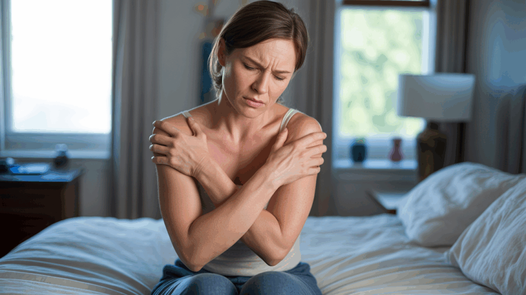 Adulte assis au bord d’un lit, exprimant une douleur musculaire généralisée dans une scène domestique réaliste et naturelle.